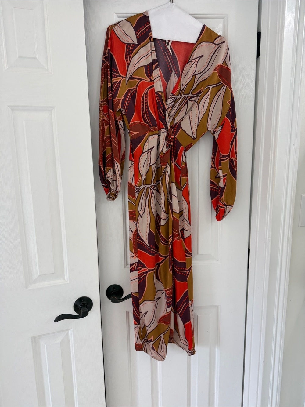 Anthropologie Long-Sleeve Leaf Print Wrap Dress in Red, Olive & Cream